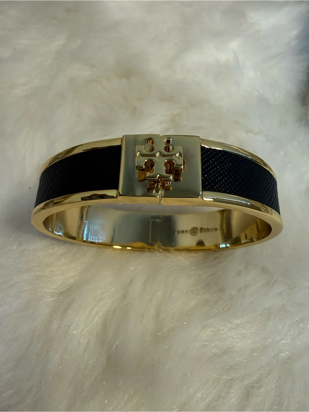 Tory Burch Black and Gold Logo Hinge Bangle